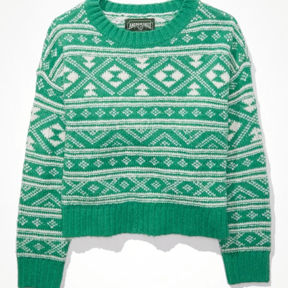 American Eagle Outfitters Green and White Fair Isle Crewneck Sweater